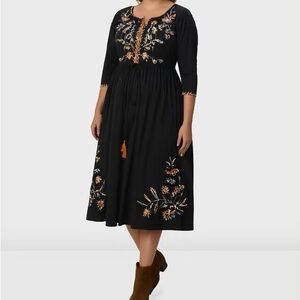 Floral Vine Embroidery Cotton-Blend Poplin Dress